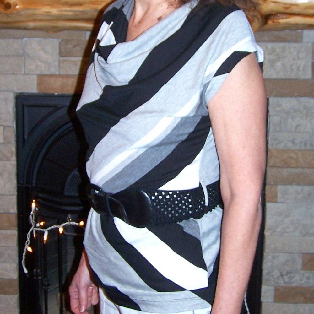 A. BYER     GREY / WHITE and BLACK STRIPED SHIRT w BELT TIE - Picture 5 of 8